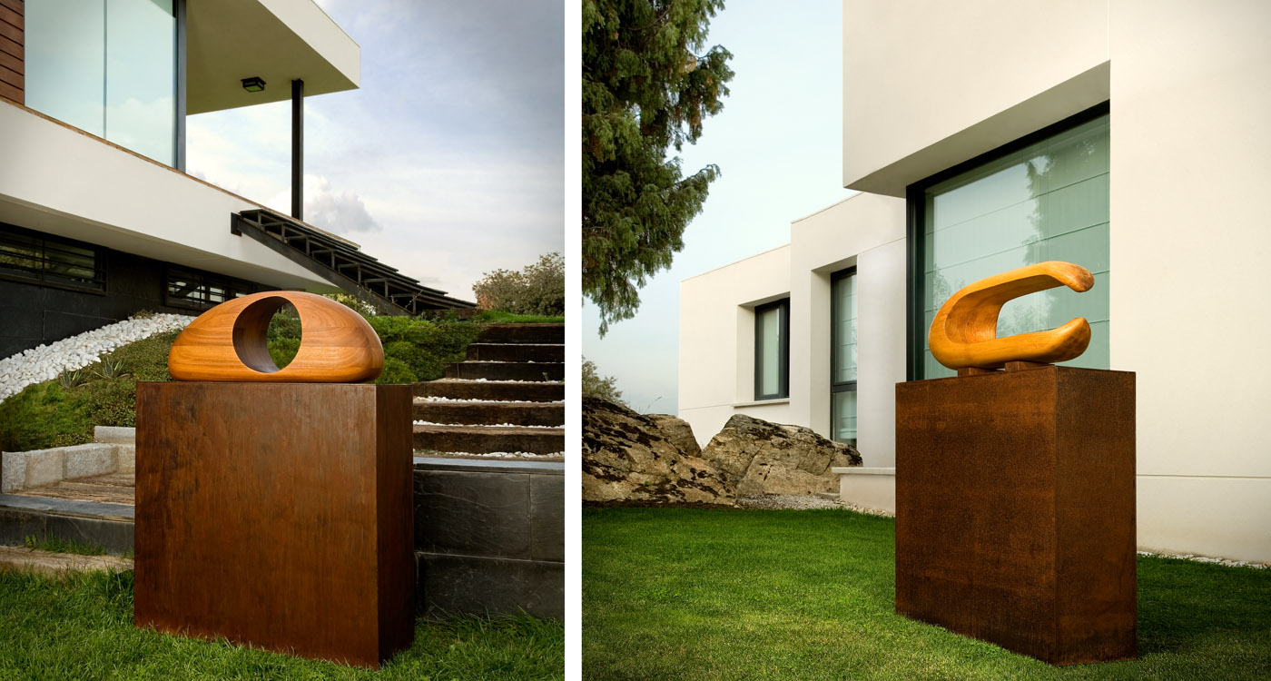Integración de esculturas de Jorge Palacios en la arquitectura y el paisaje